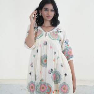 BeBodhii Women Embroidered Pastel Bloom White Cotton Dress
